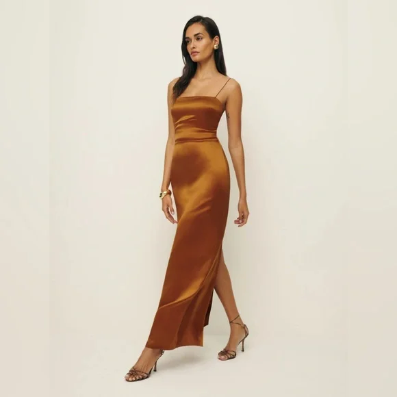 NEW Reformation Frankie Silk Long Dress in Copper Brown | size 4 - Picture 3 of 13